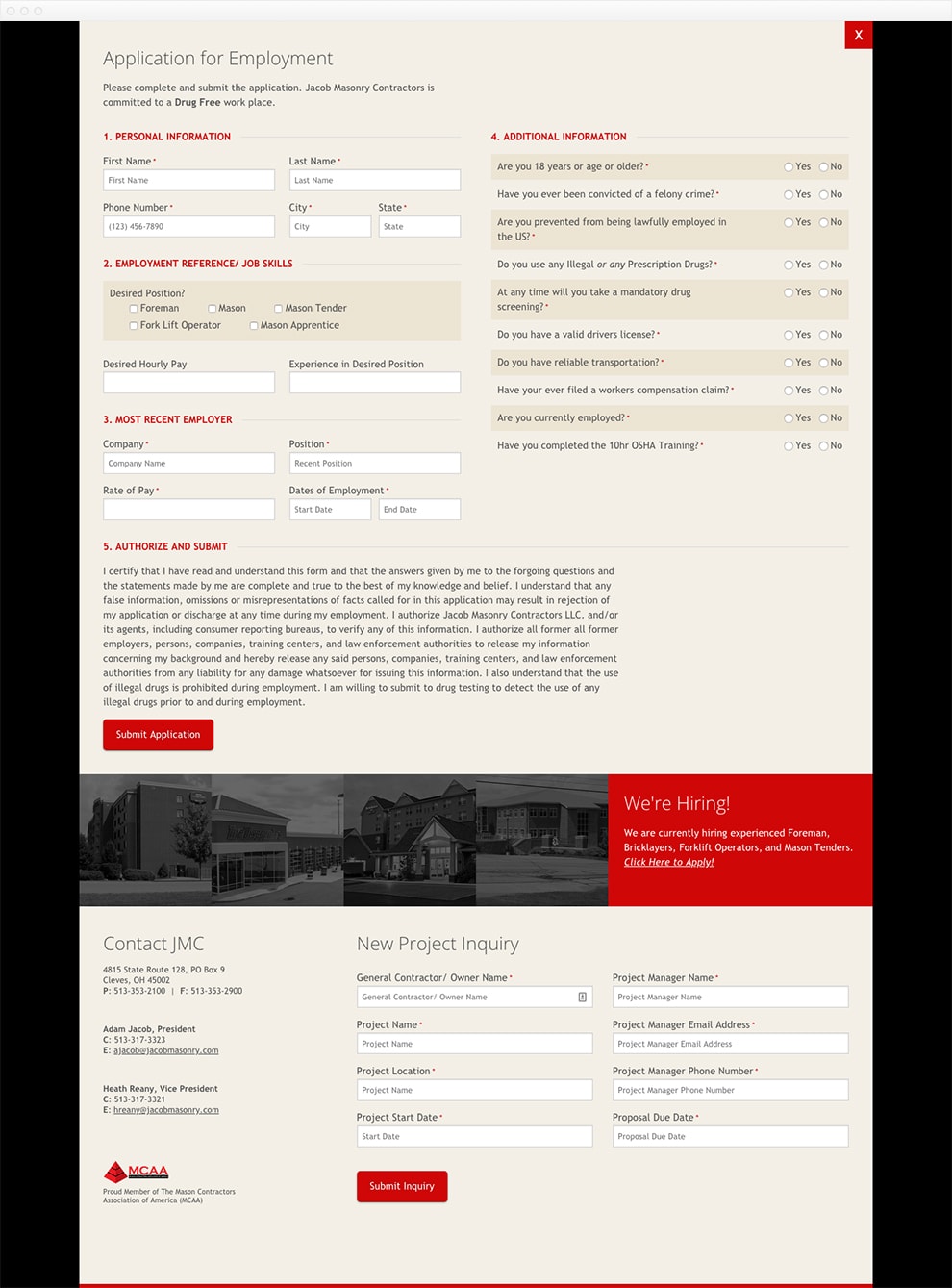 Screen capture of the Jacob Masonry employment application.