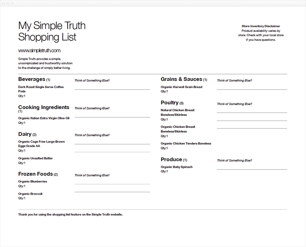 Screen capture of a printable shopping list. The printable shopping list is split into two columns and is in black and white, with no graphics. The shopping list is printer friendly and list out each item on the shopping list. Items are grouped by category and display the item name and quantity as well as an extra line for writing in extra notes.