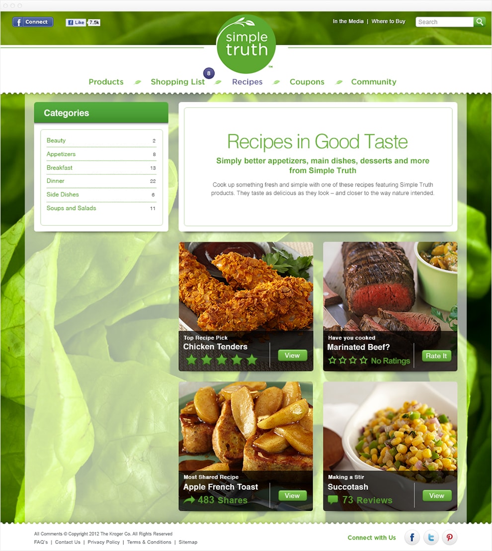 Screen capture of the recipes page. The left column is a list of categories. The right column features a large white banner that reads "Recipes in Good Taste". Below the white banner two columns of four tiles promote featured products.