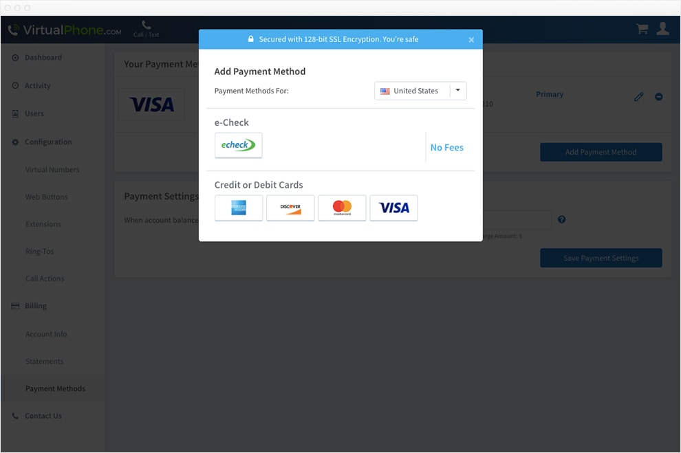 Screen capture of adding a new payment method.