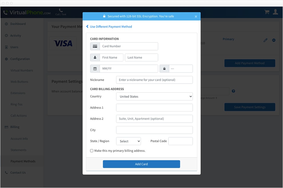 Screen capture of adding a credit card payment method.