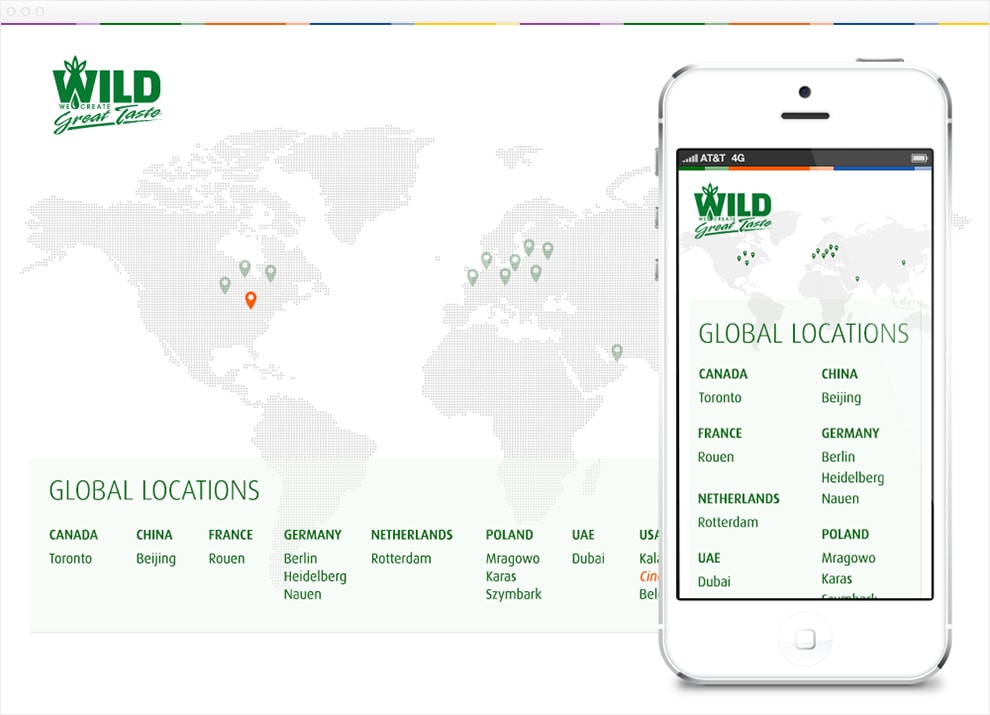 Screen capture of website with a large stylized map of the world as the background. The map has green pins highlighting all the different locations of WILD flavors offices around the world. The current location pin is highlighted in orange. Along the bottom of the page all the global locations are written out. A mock-up of an iPhone 5 sits on top of the image covering the right half. The iPhone shows what the global location splash page looks like on mobile. The map is the same but smaller, and the list of locations along the bottom is now a two column list.